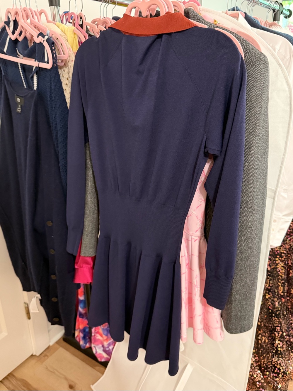 STAUD Navy Long-Sleeve Knit Dress with Rust Collar Gene - Picture 2 of 2